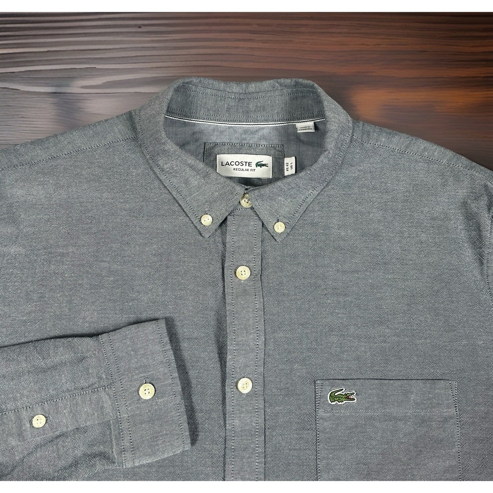 Lacoste Mens Large Chambray Cotton Oxford Button Down Shirt Regular Fit Pocket